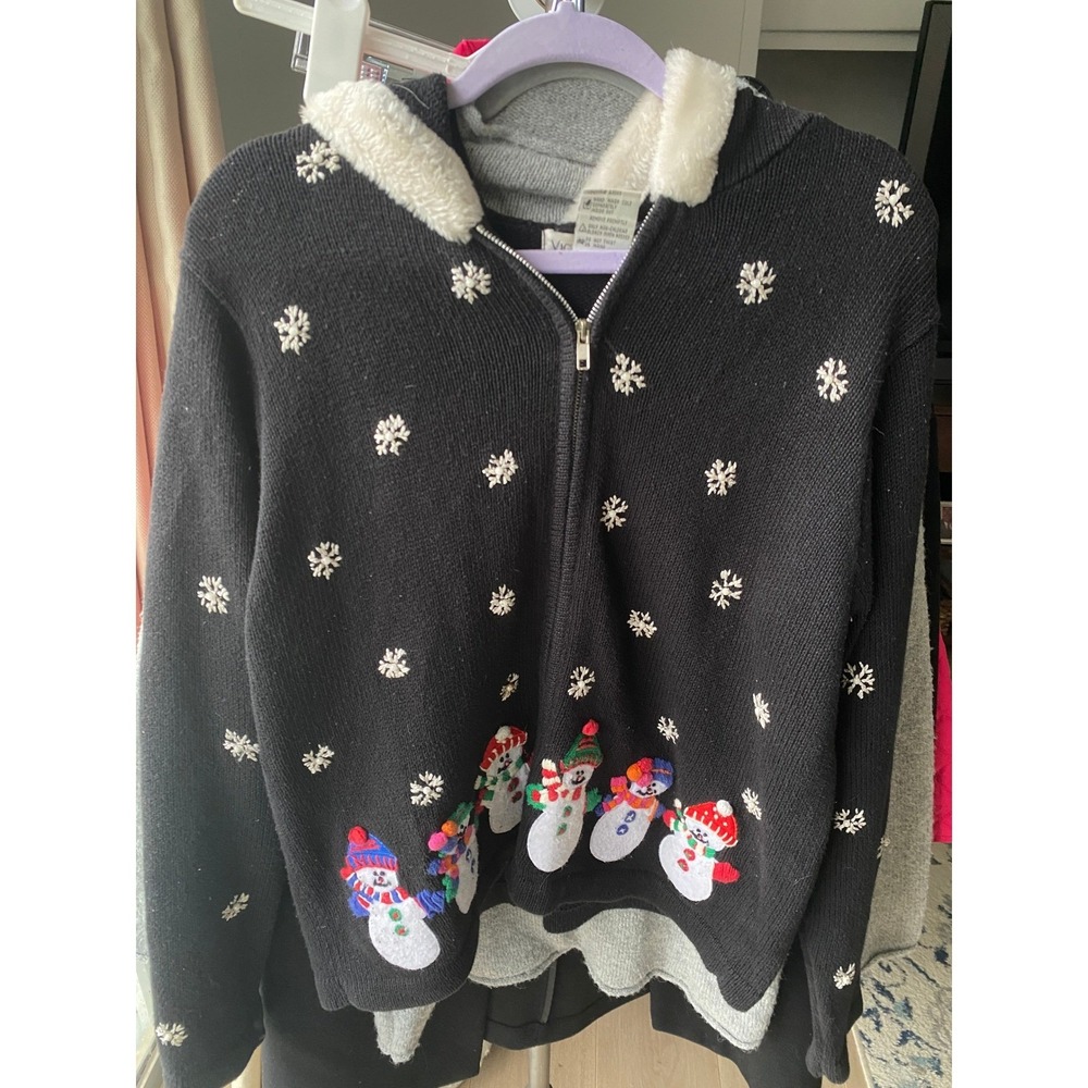 Victoria Jones Womens Black Snowman Snowflake Zip Up Hoodie Sweater Size M